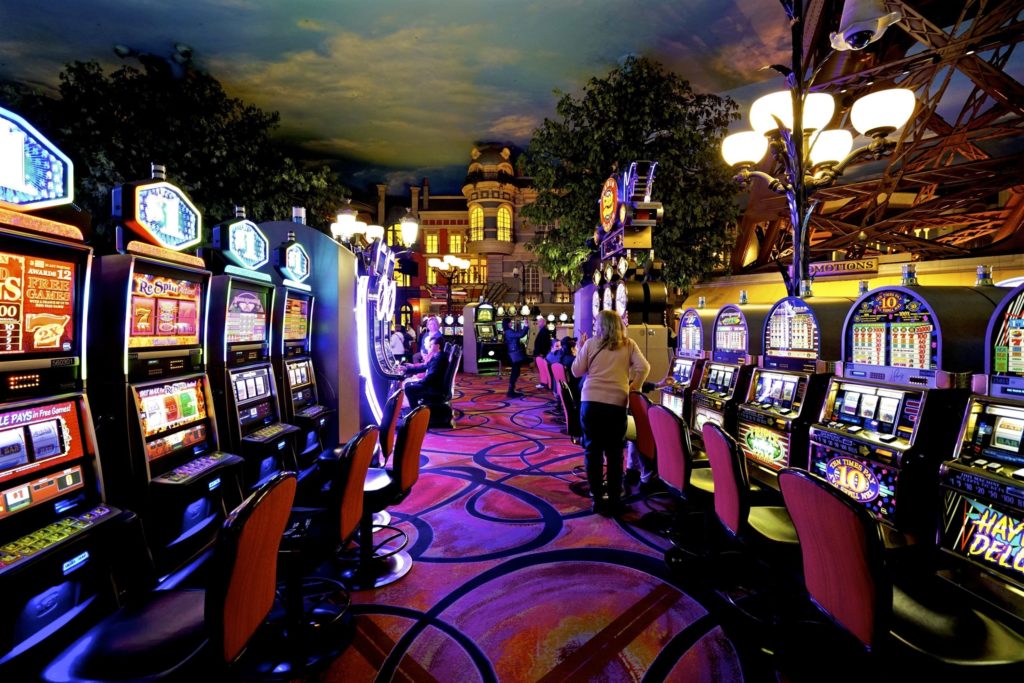 Inside the Paris Casino in Las Vegas, view of the slot machines at